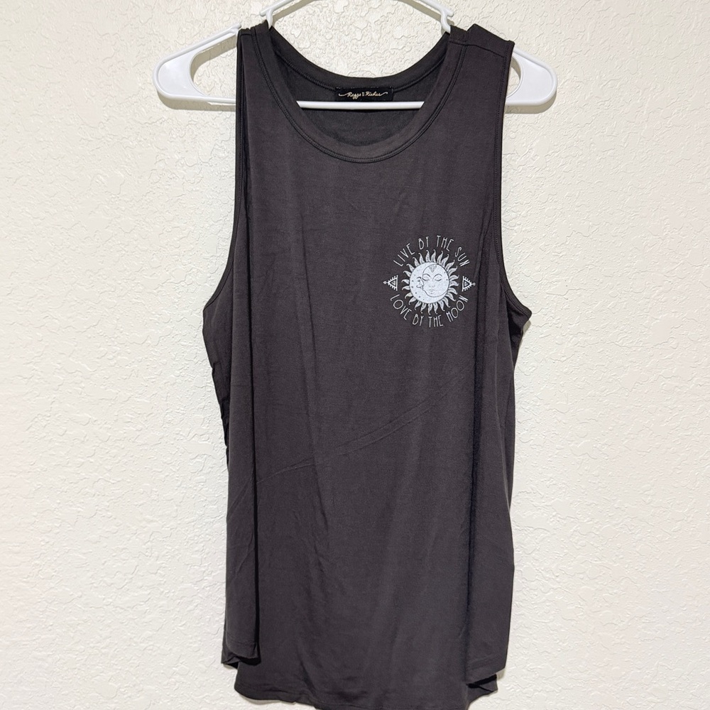 NWOT Large Black Boho Graphic Tank Top Sun Moon Lotus Mandala Print 96% Rayon - Picture 3 of 3